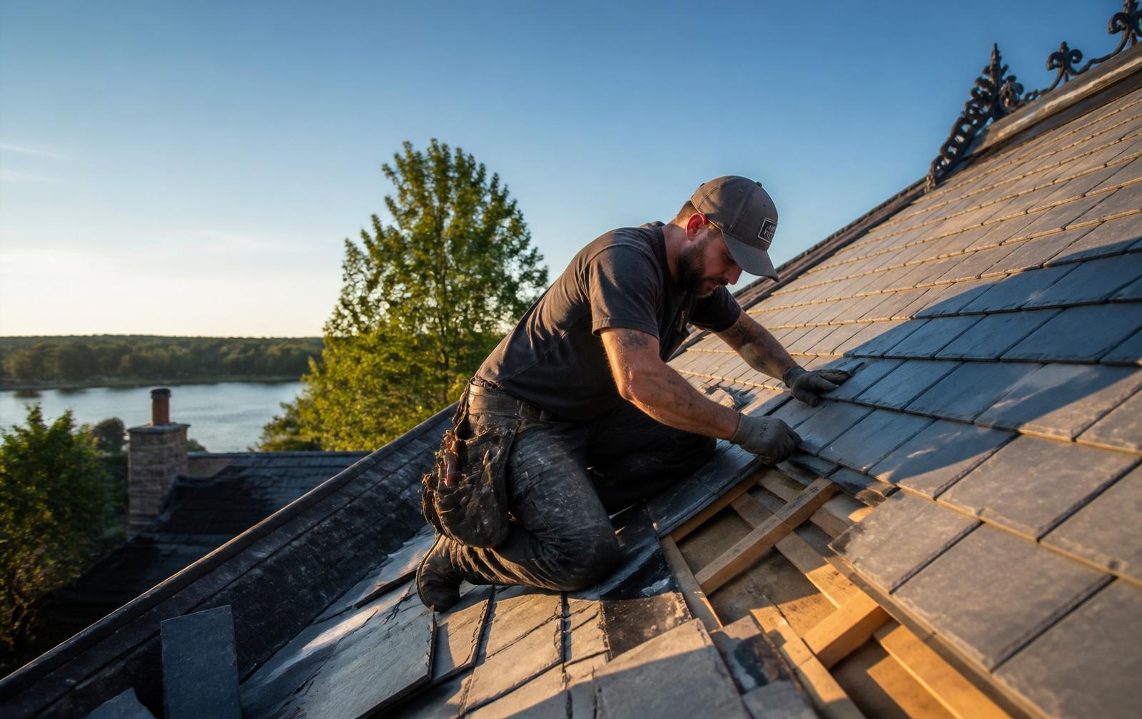 Roofer installing slate tiles on a residential roof at golden hour